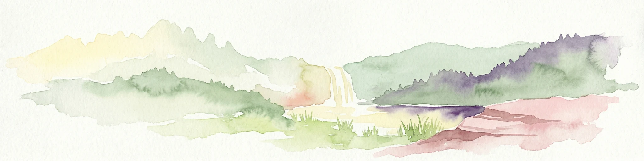 Watercolor illustration showing a mountainous landscape with a waterfall, green hills, and layered colors