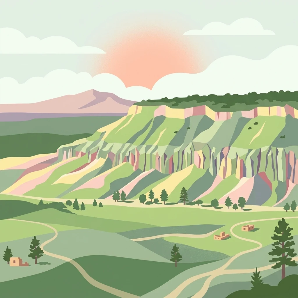 A digital illustration of a southwestern landscape with a prominent mesa, winding dirt paths, scattered trees, and small adobe structures under a soft sun.