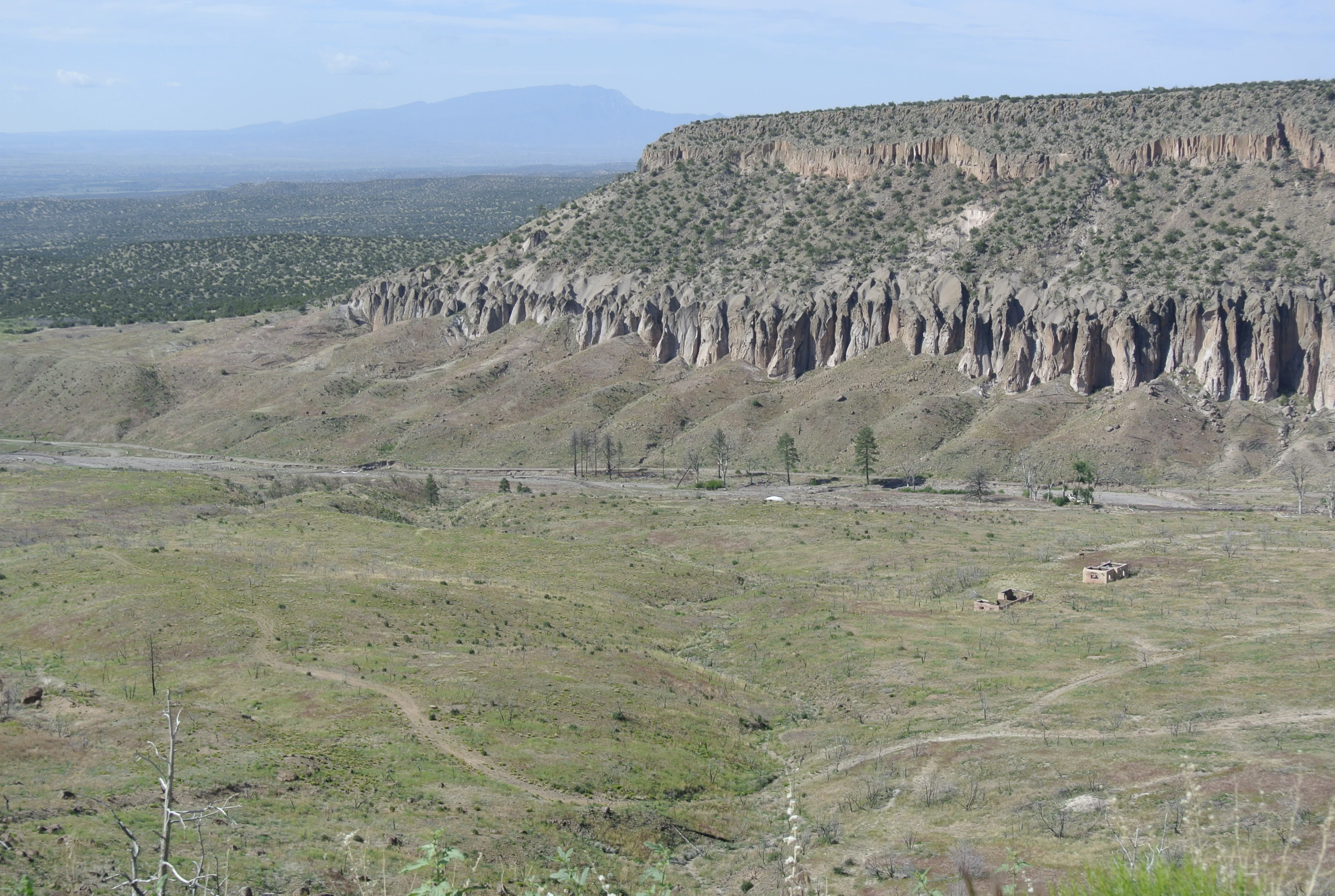 A wide landscape view of the Dome Wilderness in New Mexico, featuring a high, jagged cliff face rising above a wide, open valley floor with sparse desert vegetation.