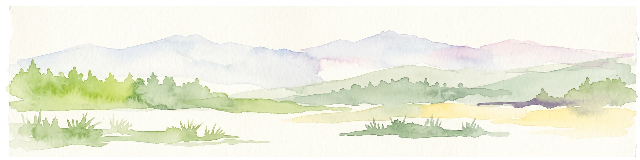 A pale, minimalist watercolor painting showing a horizontal landscape with a thin treeline in the midground and soft, blue-toned mountain peaks in the background against a white sky.