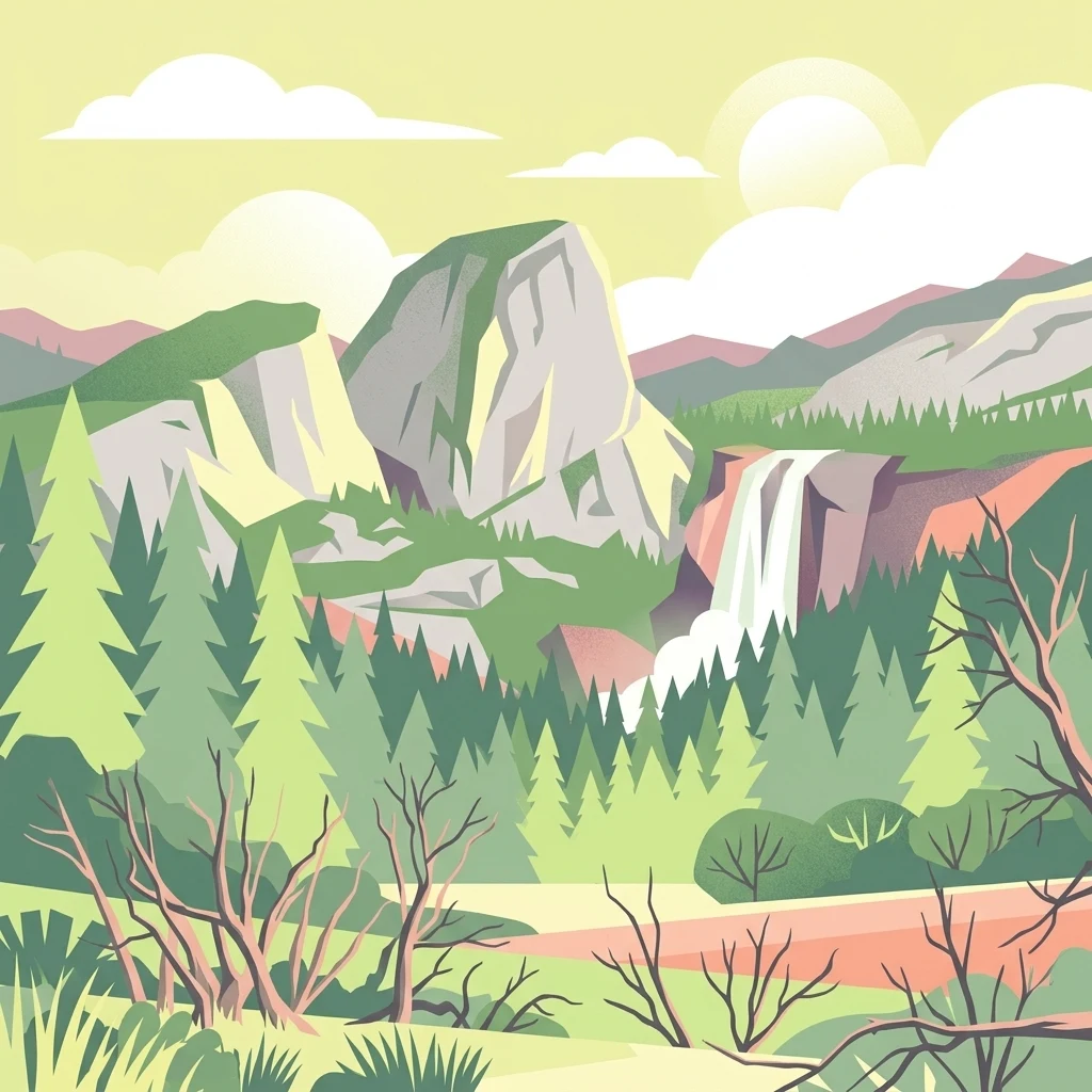 A flat-style digital illustration of a mountain landscape featuring a large granite dome, a cascading waterfall, and a pine forest under a soft sky.