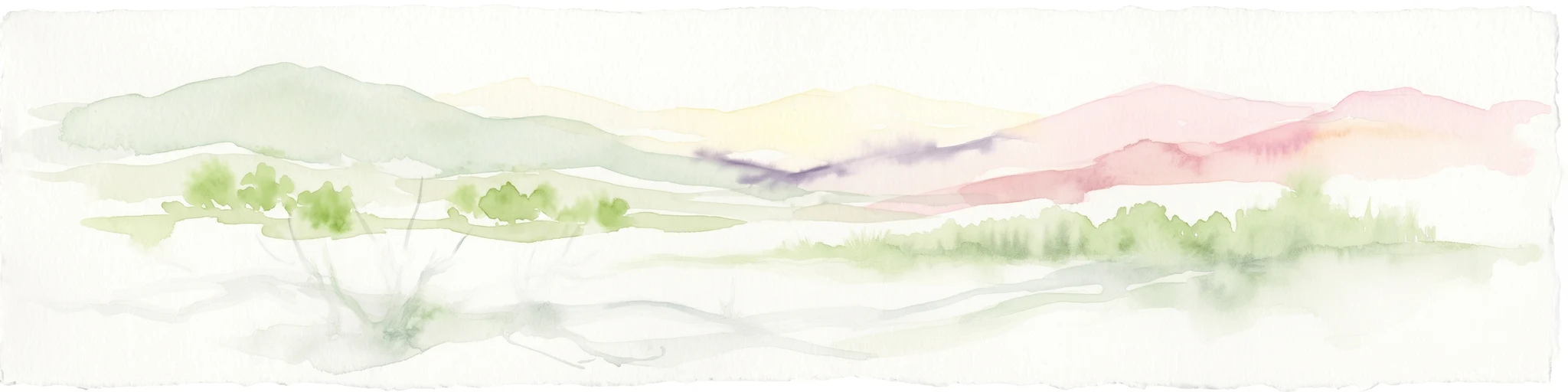 A soft watercolor painting of rolling hills and mountain ridges, featuring shades of green, yellow, and faint pink on a white background.