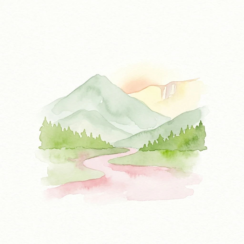 Watercolor illustration of mountains, a winding river, and forested hills under a sunset sky