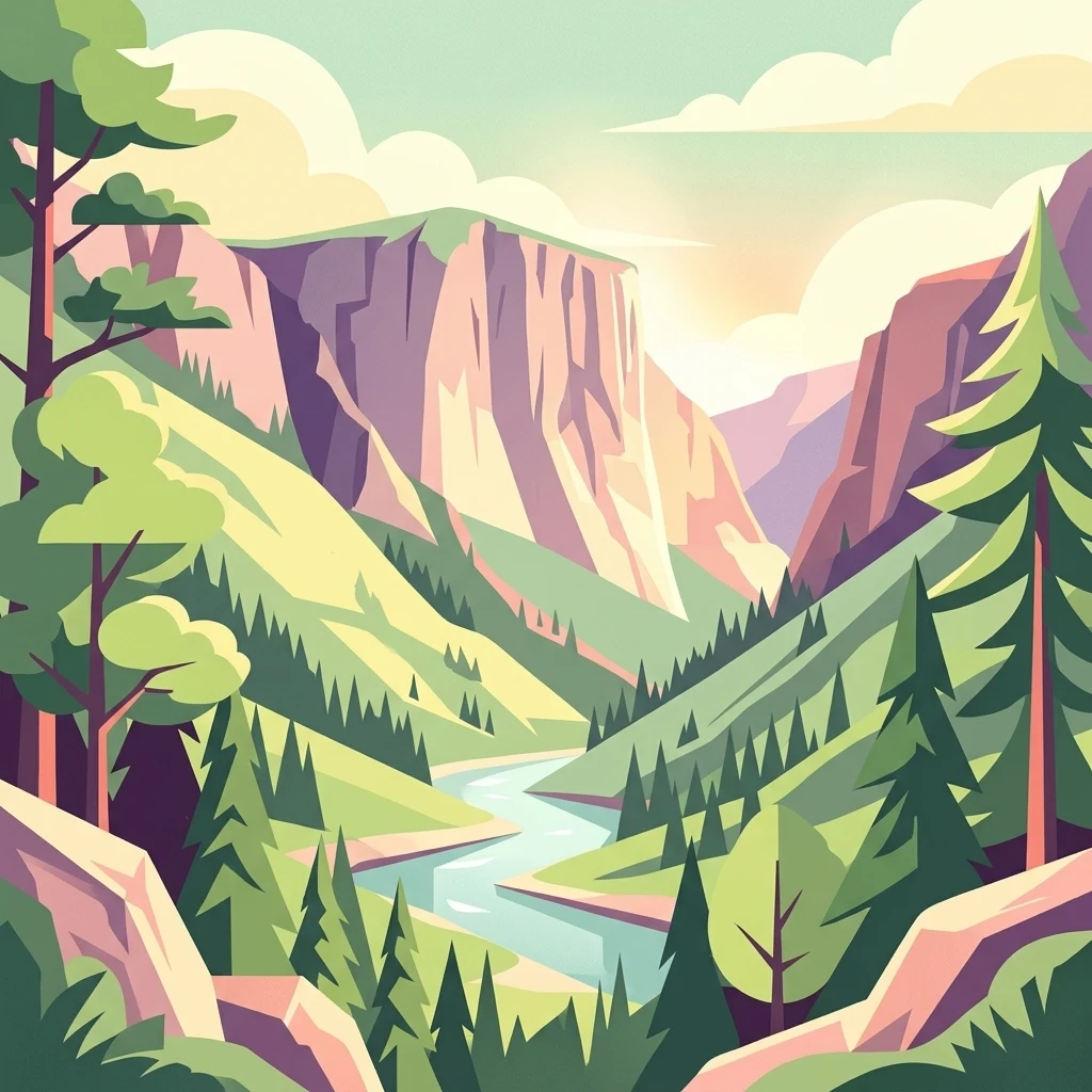Stylized illustration showing a mountainous valley with a river, evergreen forests, and rocky cliffs under a partly cloudy sky.