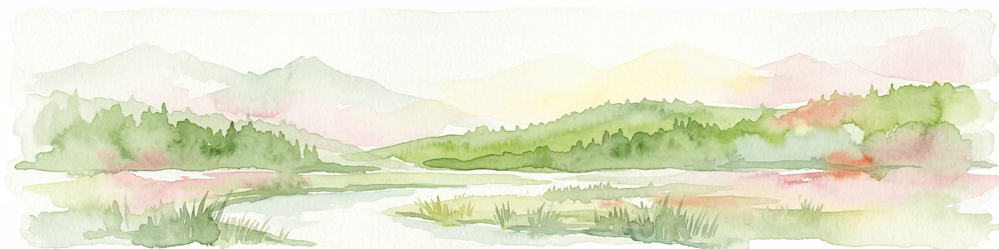 Ilustración en acuarela de un río que fluye a través de un valle con montañas y bosques al fondo