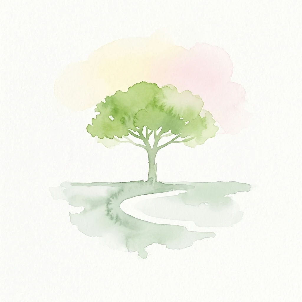 Watercolor illustration of a single green tree with a reflection in a body of water, set against a soft pastel background of pink and yellow clouds