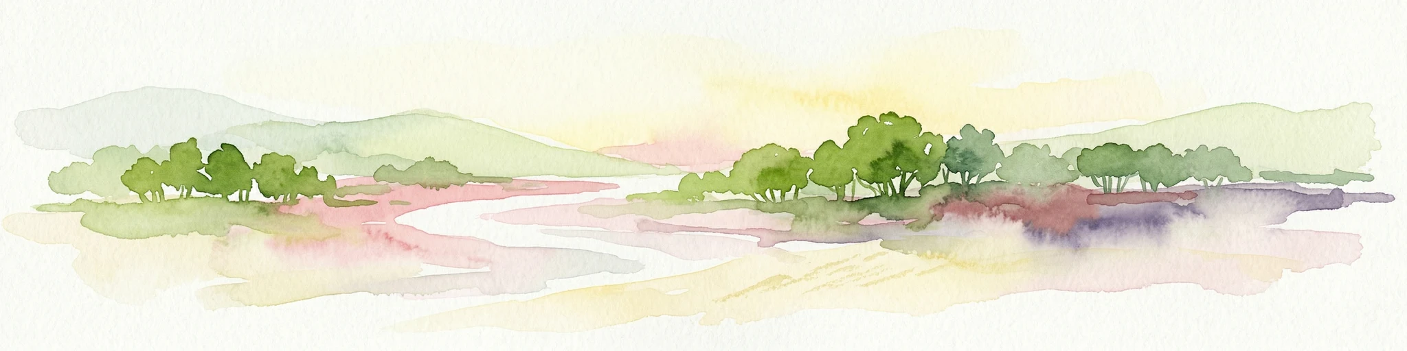 Ilustración acuarela de un río que fluye a través de humedales con árboles y colinas distantes