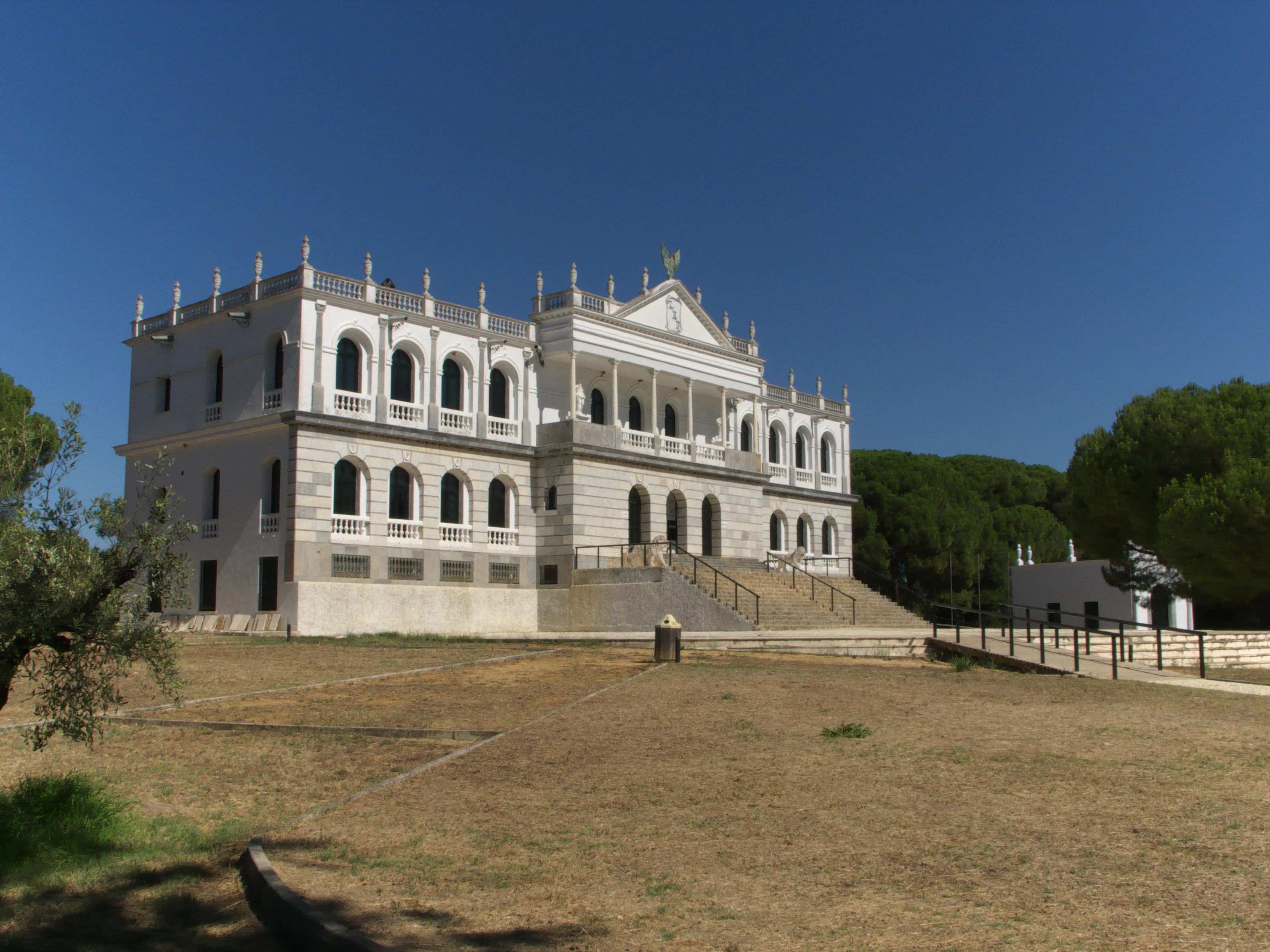 A large white palace with arched windows and a staircase on a grassy hill under a clear blue sky, with trees and a smaller building in the background.