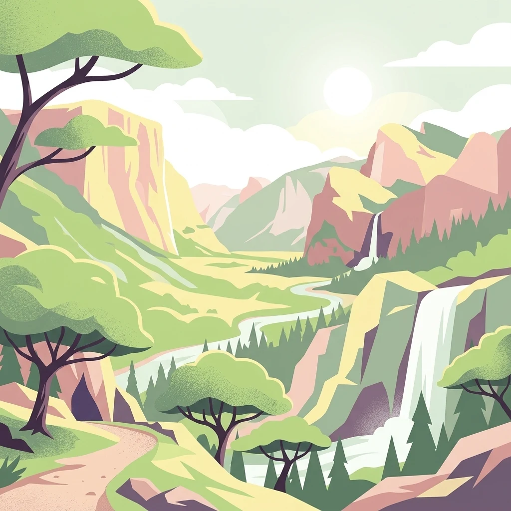 Una ilustración digital que muestra un valle frondoso enmarcado por montañas, árboles y dos cascadas.