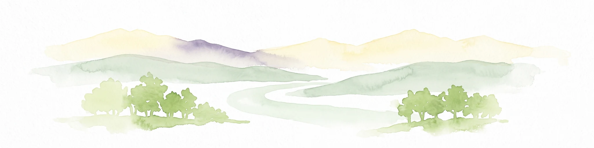 A watercolor painting in soft pastel tones showing a winding river or path flanked by small clusters of green trees, with gently rolling hills in the background against a white backdrop.