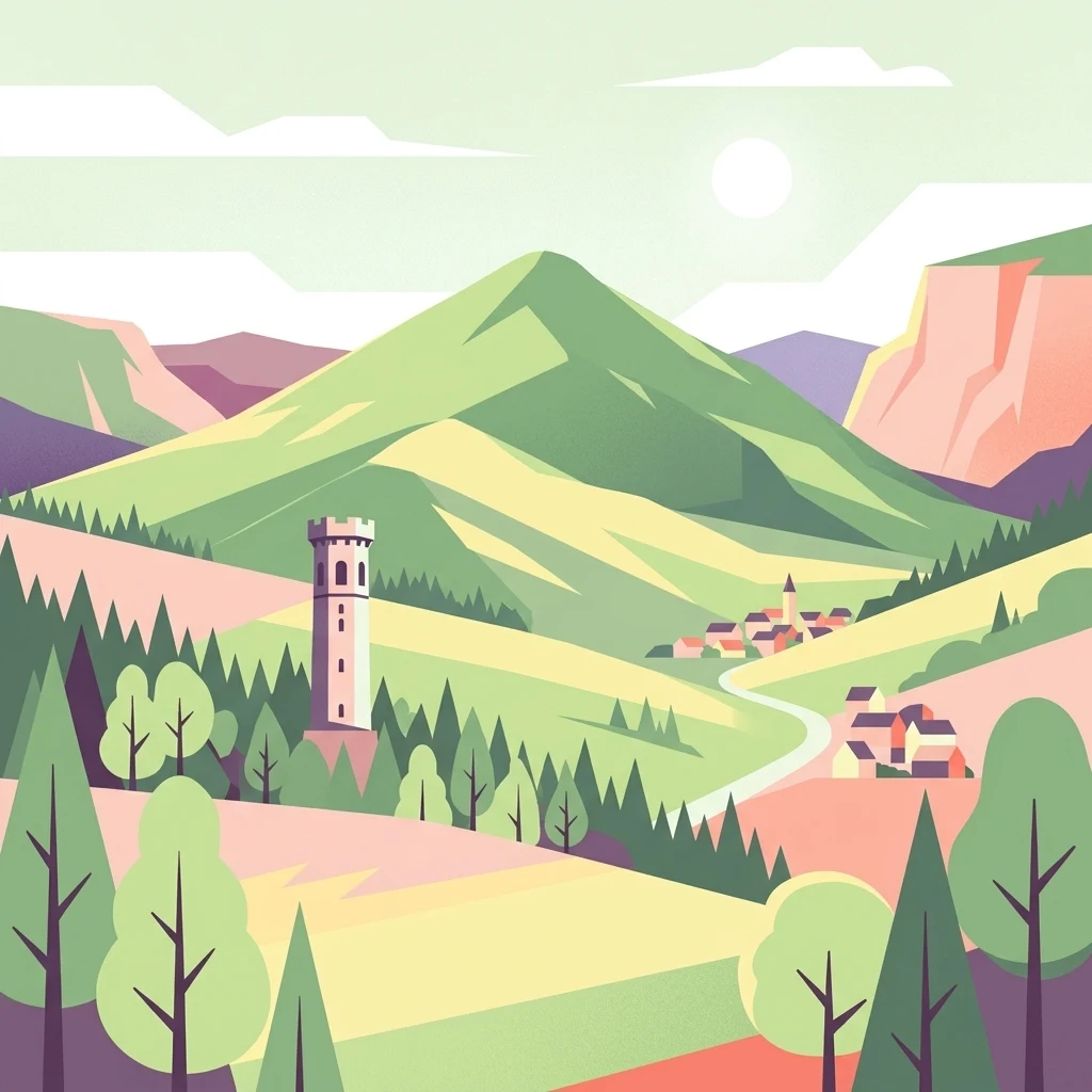 A stylized flat vector landscape illustration showing a green mountain peak, a stone tower, a small village with a church, and surrounding forests.