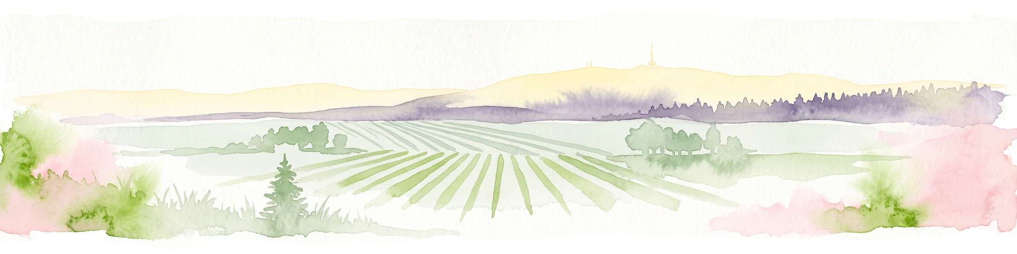 A soft watercolor painting depicting a rolling landscape with fields, a small forest edge, and a mountain peak in the background.