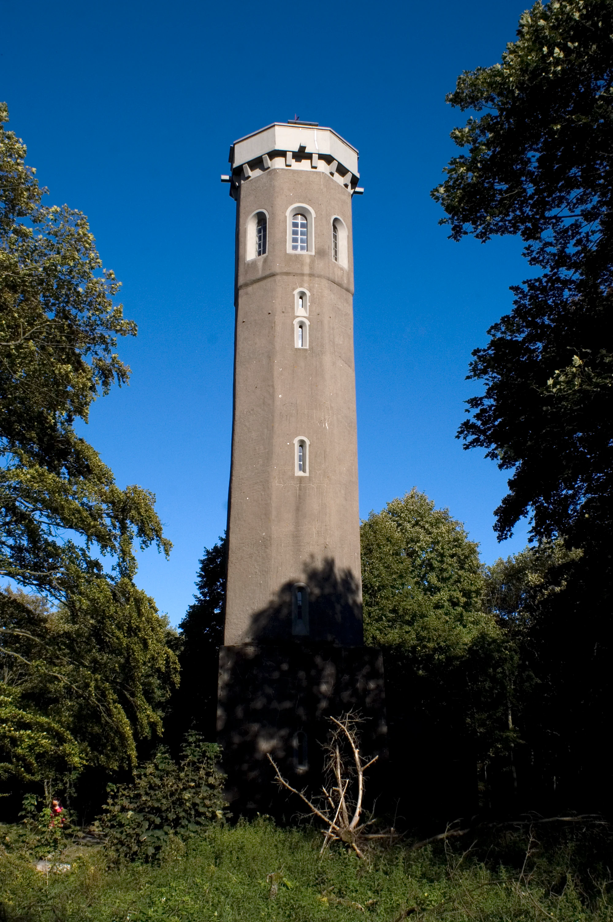 A tall, octagonal grey stone observation tower standing amidst green trees under a clear blue sky.