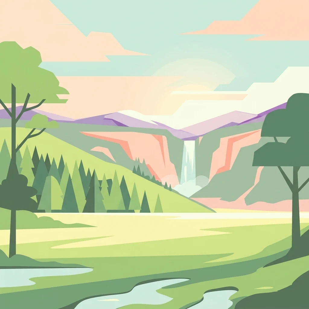 Digital vector-style illustration featuring rolling hills, coniferous trees, a cascading waterfall in the distance, and small pools of water in the foreground under a pastel sky.