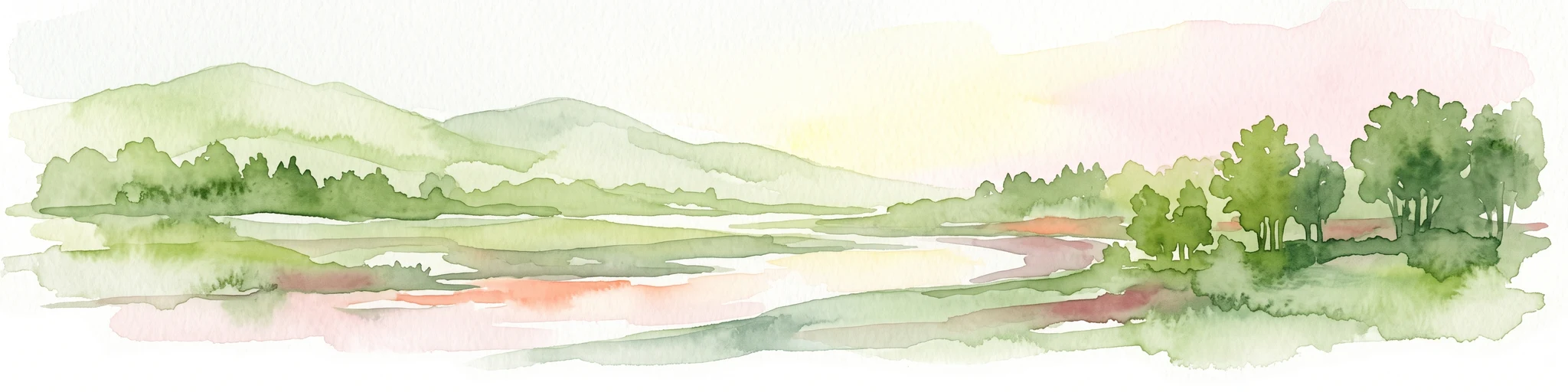 Watercolor illustration of a peaceful landscape featuring distant rolling hills, clusters of trees on the right, and a river or stream winding through a grassy plain against a pale background.