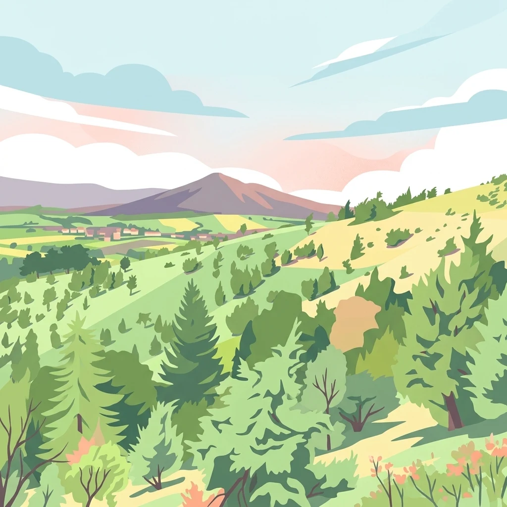 Una ilustración digital estilizada de un paisaje verde ondulado con árboles de hoja perenne y caduca, un pico montañoso lejano y un cielo pastel suave con nubes.
