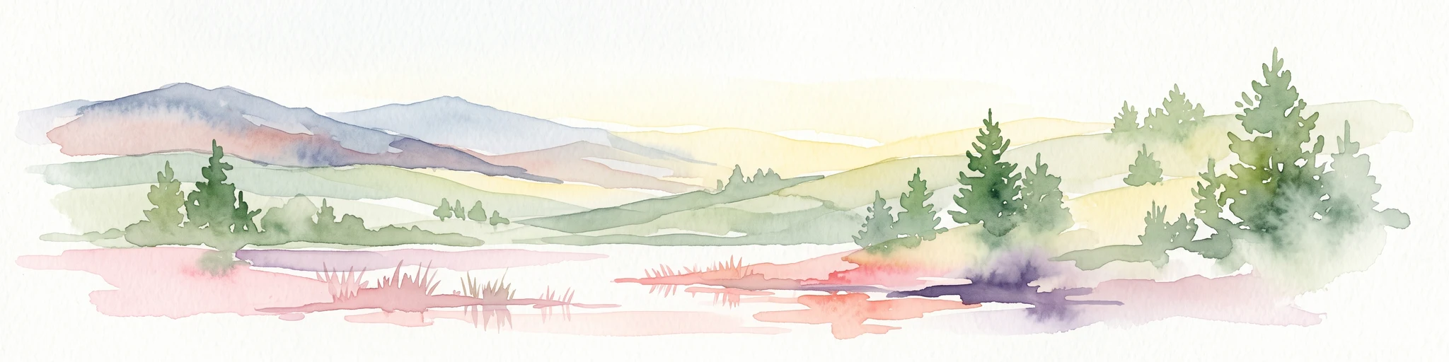 A horizontal watercolor painting depicting a soft, rolling landscape with green hills, conifer trees, and misty purple mountains in the background against a white backdrop.