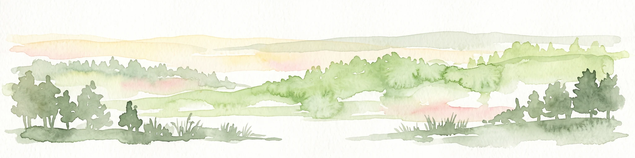 A horizontal watercolor painting depicting a soft green landscape with rolling hills and trees against a pale yellow and white sky.