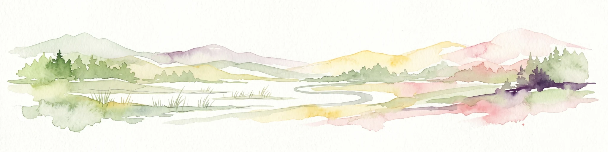 Ilustración en acuarela de un paisaje con colinas, árboles y un río sinuoso