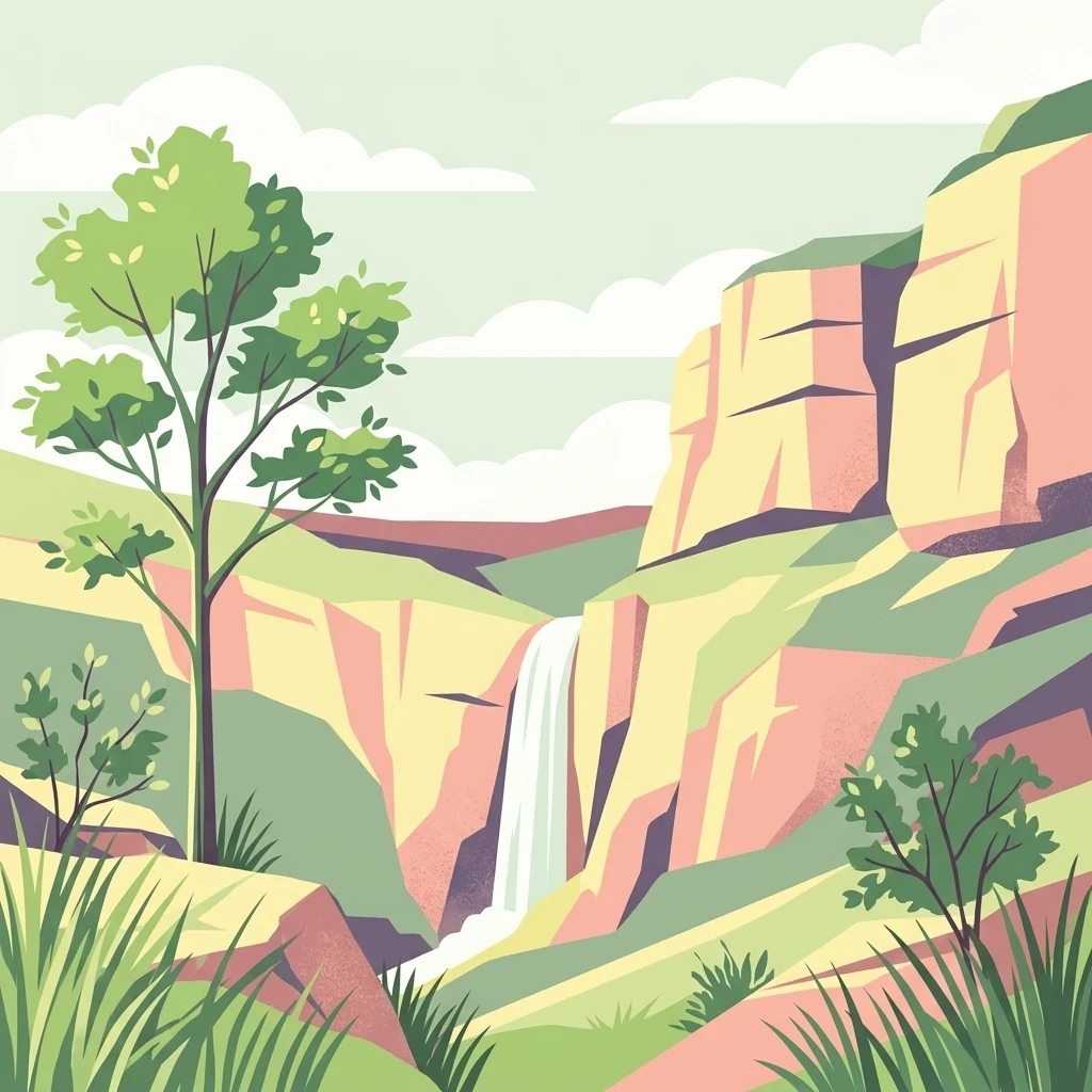 A graphic illustration showing a waterfall flowing down between cliffs, surrounded by trees, tall grass, and soft, stylized clouds.
