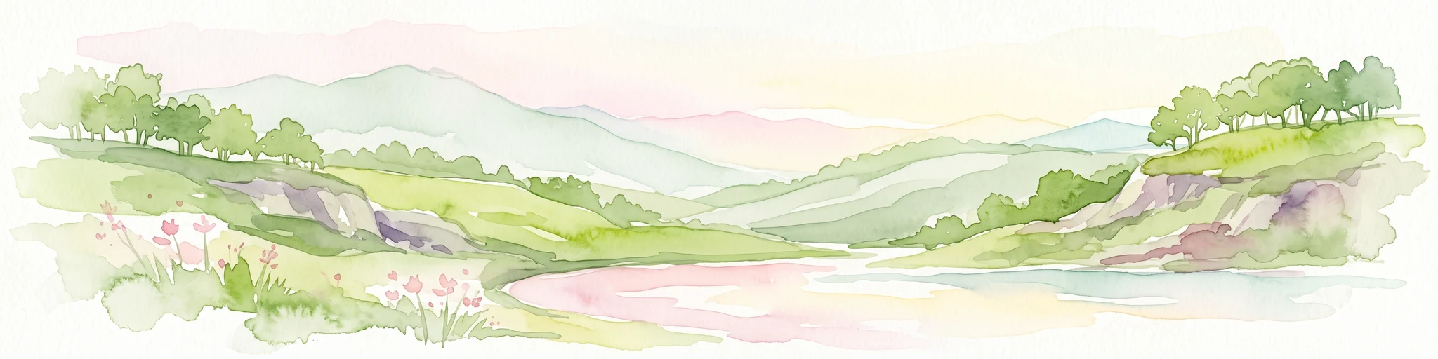 A soft, painterly watercolor illustration of a rolling green landscape with distant hills, grassy meadows, and patches of trees.