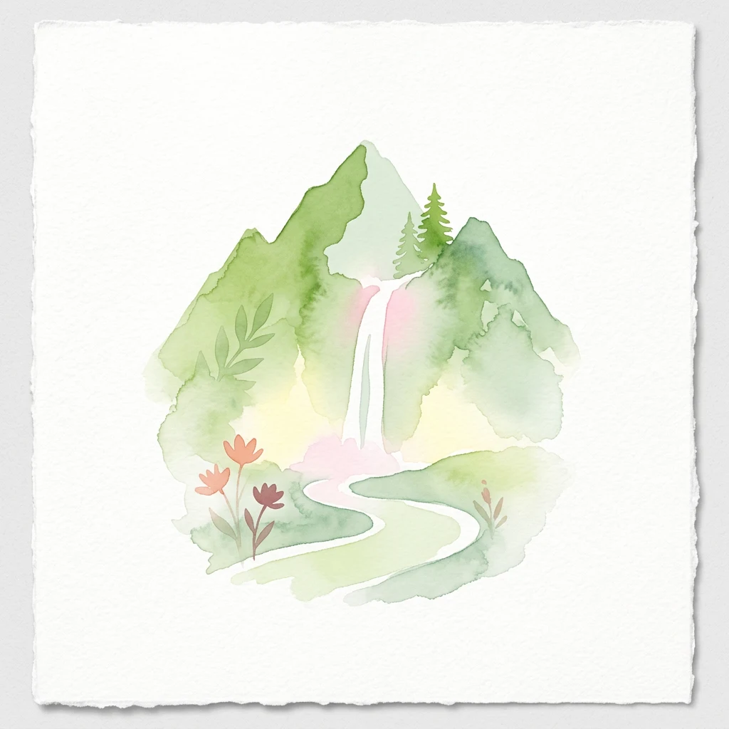 Watercolor painting showing stylized mountains with a waterfall, winding path, and flowers
