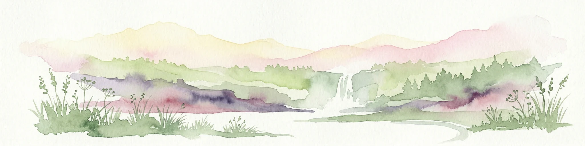Pintura acuarela que muestra un paisaje montañoso con una cascada, prados y flores silvestres