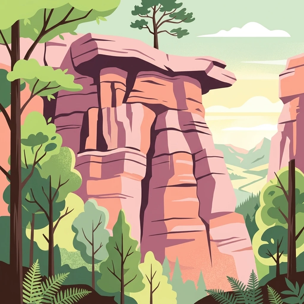 An illustration showing a prominent, layered pink sandstone cliff face surrounded by green forest canopy, ferns, and a distant valley, rendered in a flat, graphic art style.