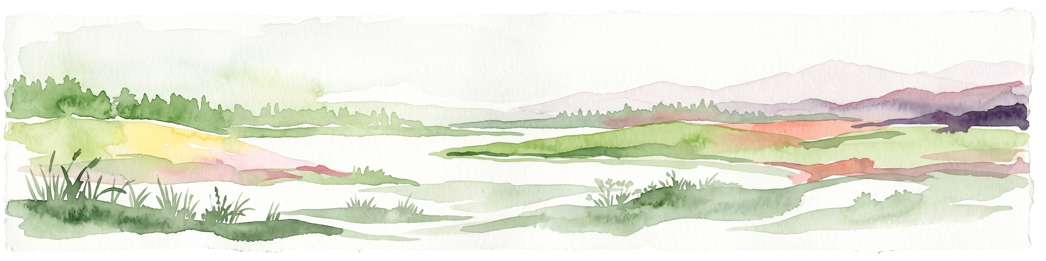Watercolor painting of a rolling landscape with green fields, forested hills in the distance, and soft hazy lighting.