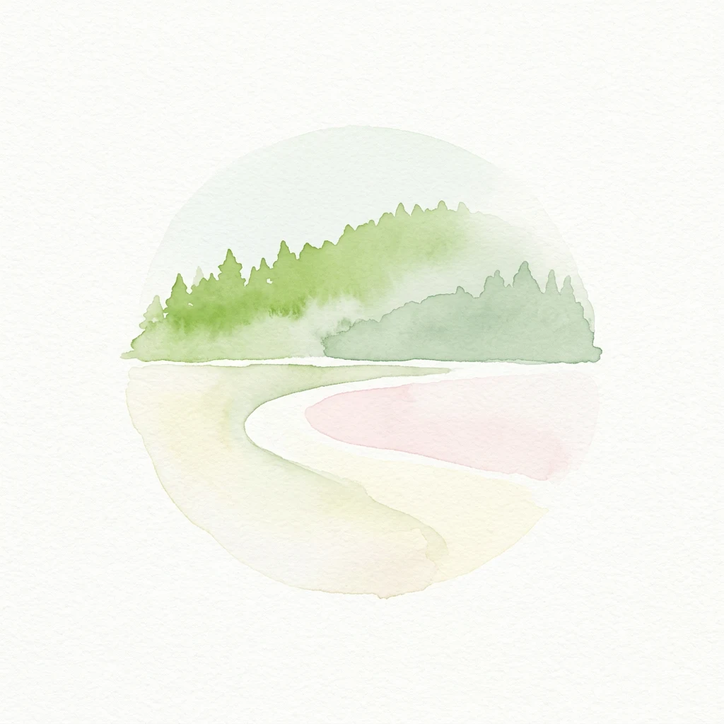 Watercolor illustration showing a winding river flowing through a forested area with green and pinkish hues