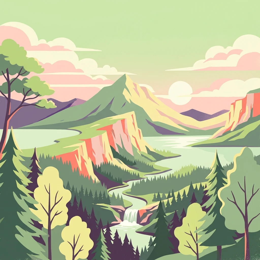 Ilustración que muestra un río fluyendo a través de un valle con bosques, montañas, una cascada y un lago bajo un cielo parcialmente nublado