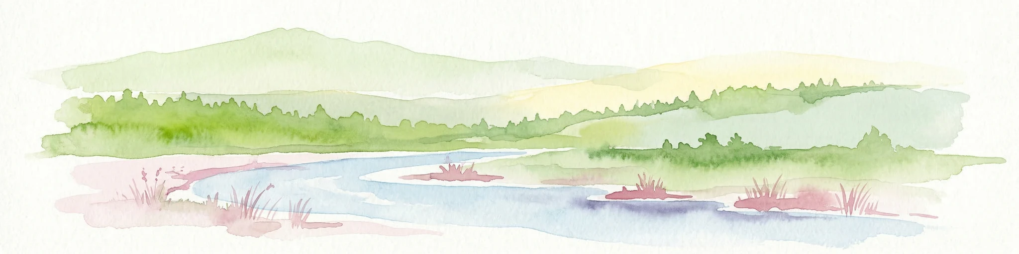 Watercolor painting depicting a river flowing through a forested landscape with hills in the background