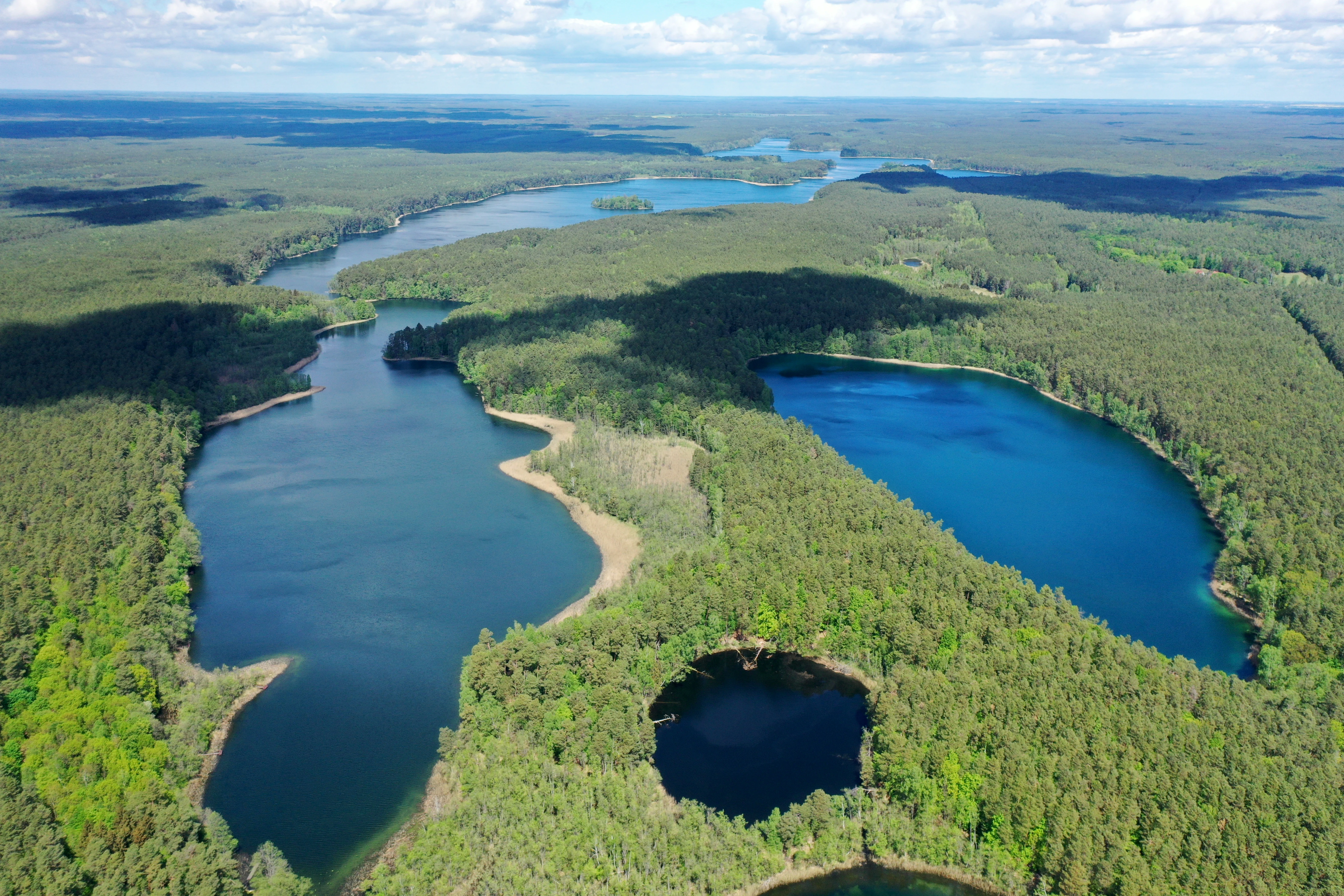 Aerial view of Lake Czarne and Lake Ostrowite