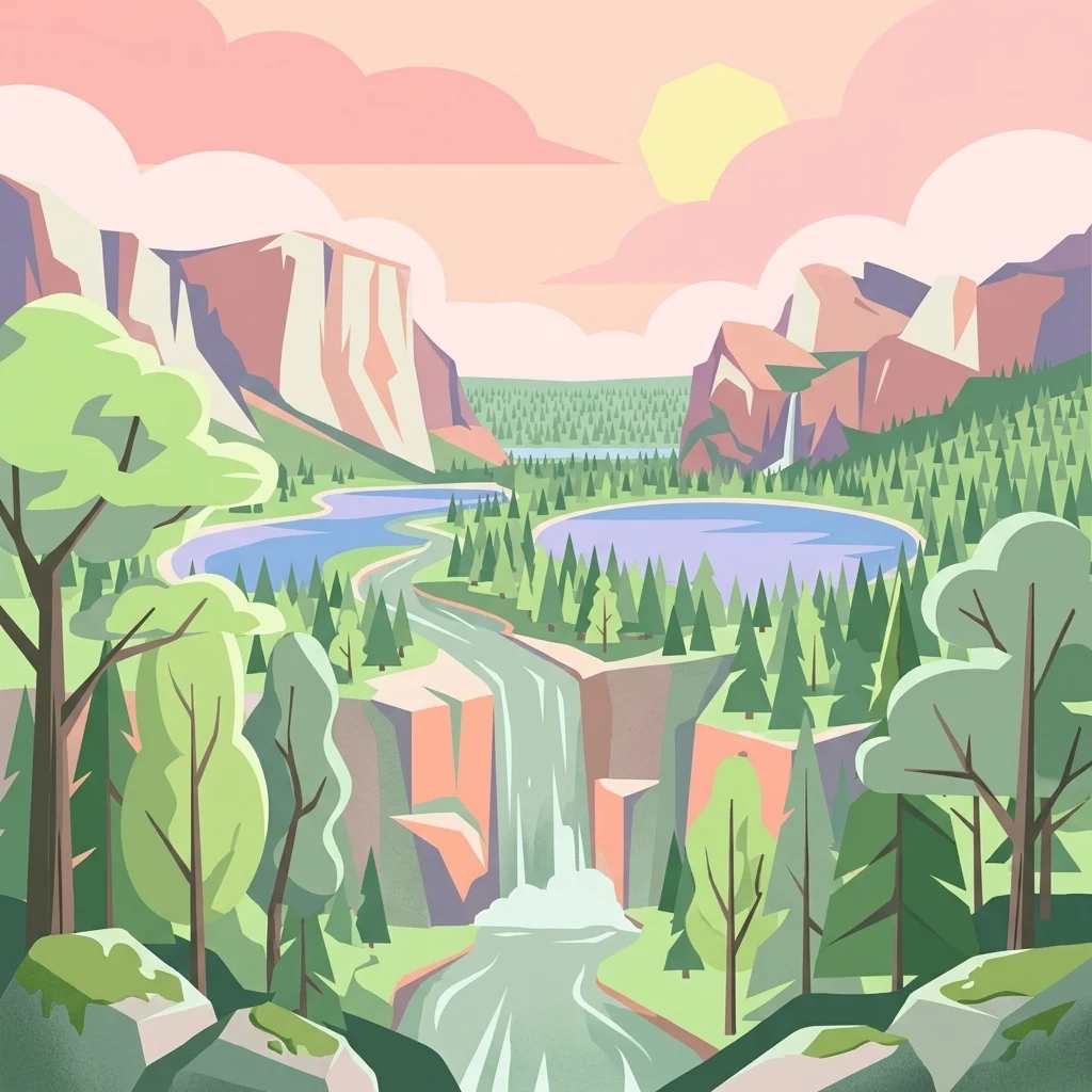 A flat-style digital illustration showing a valley with a waterfall in the foreground, pine forests, two lakes, and high rocky cliffs under a soft pastel sunset sky.