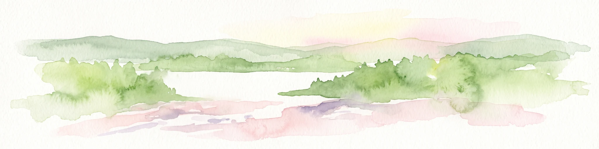 A watercolor painting of a serene river valley with soft green forest hills in the distance and muted pink reflections on the water.