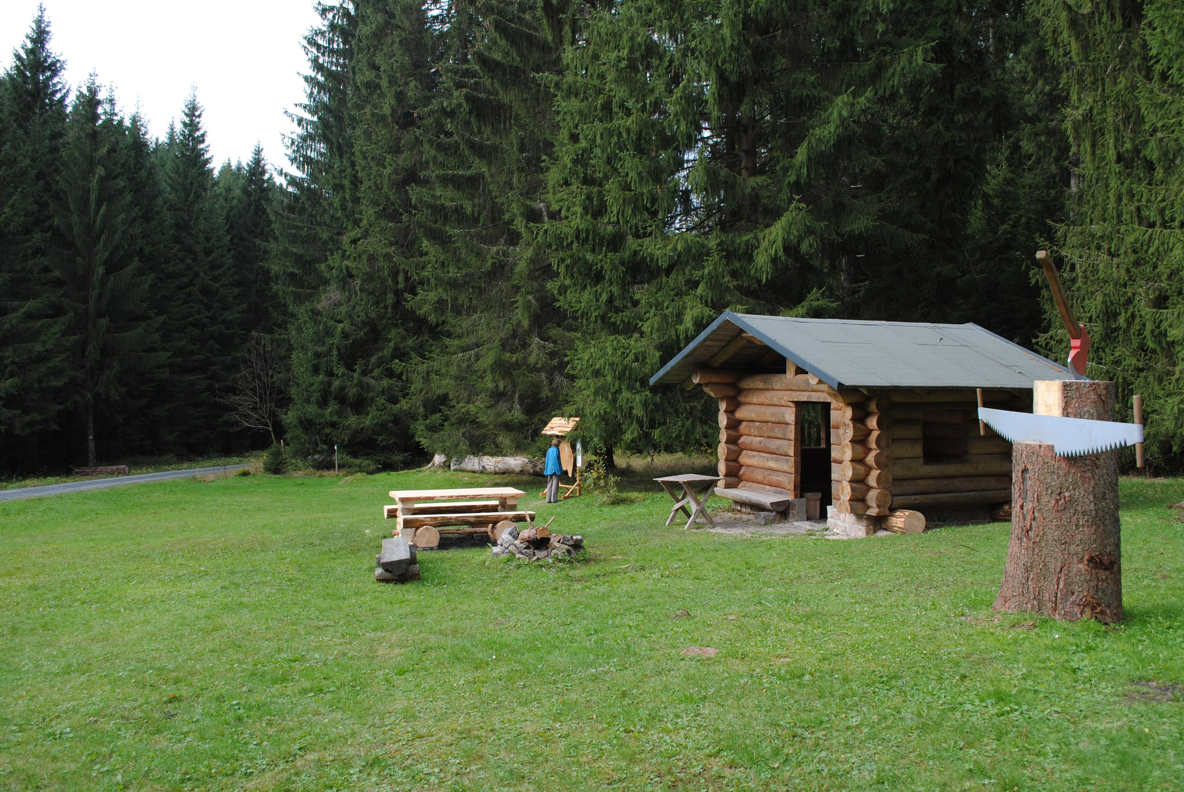 A small wooden log cabin stands in a grassy clearing surrounded by a dense spruce forest; a picnic table, a fire pit, and a decorative tree stump with a saw monument are in the foreground.
