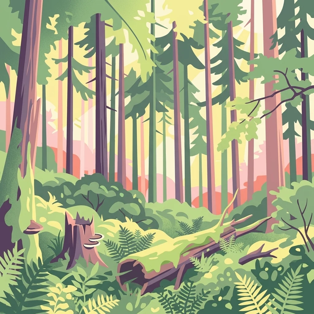 A stylized digital illustration of a dense forest featuring tall spruce trees, a mossy fallen log, a tree stump with shelf mushrooms, and ferns on the forest floor.