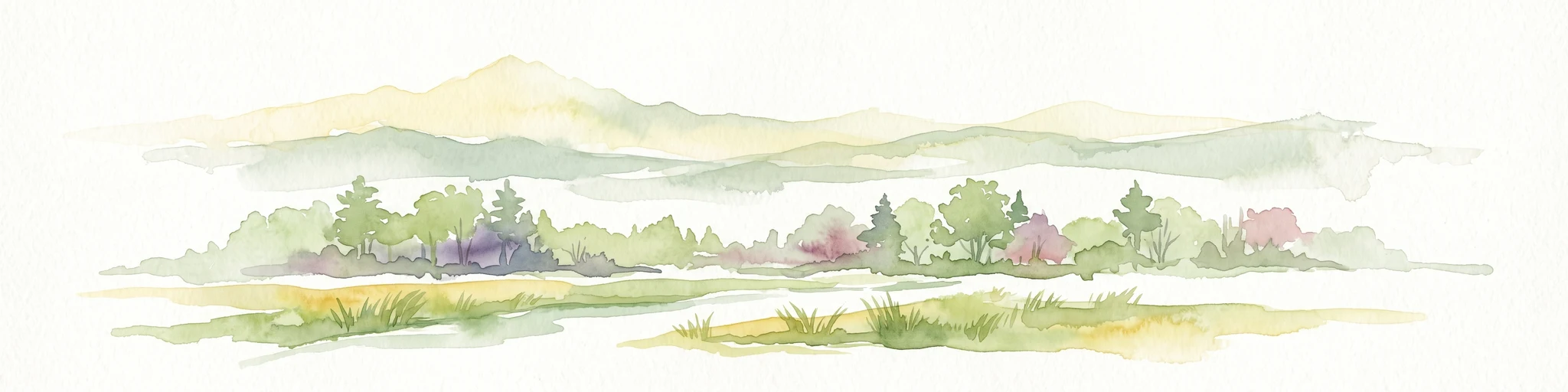 A horizontal watercolor painting showing rolling green hills and distant mountain ridgelines behind a foreground of grassy meadows and trees.