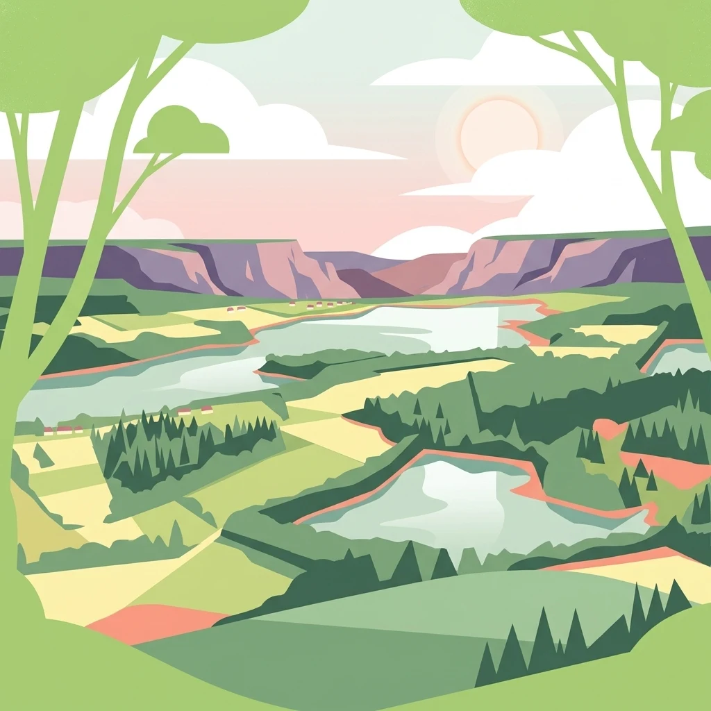 A flat-design, vector-style illustration of a rural landscape with multiple bodies of water, rolling green hills, forests, and distant bluffs under a soft-toned sky.