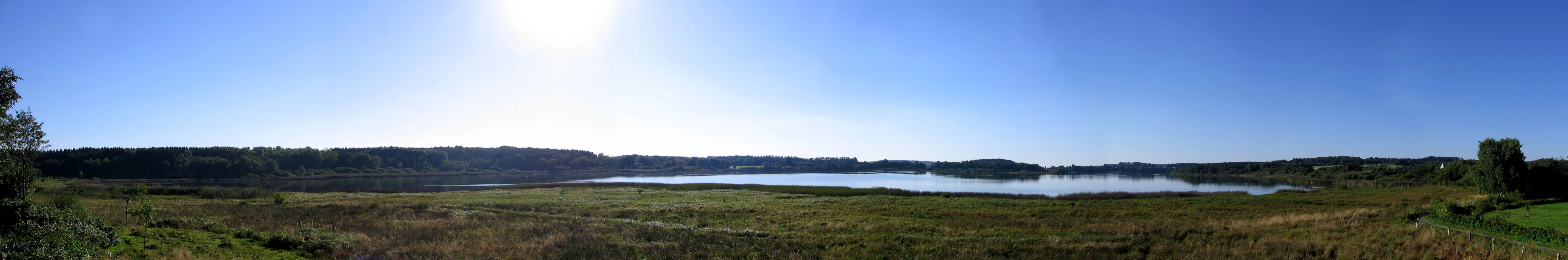 Vista panorámica de un gran lago rodeado de marismas y bosque lejano bajo un cielo azul despejado.