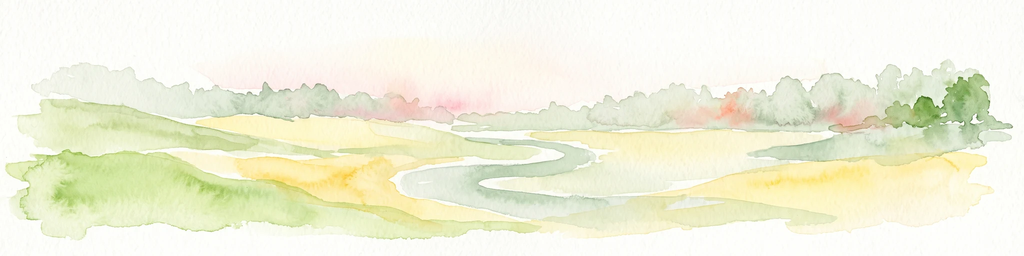 A soft watercolor painting of a wide, flat landscape with a winding stream and light green hills under a hazy sky.