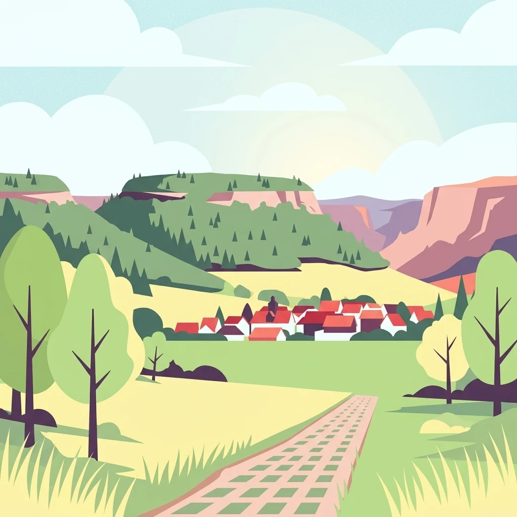 Vector illustration showing a small village with red roofs nestled between rolling green, forested hills under a soft, light-filled sky, with a cobblestone path leading through a meadow in the foreground.