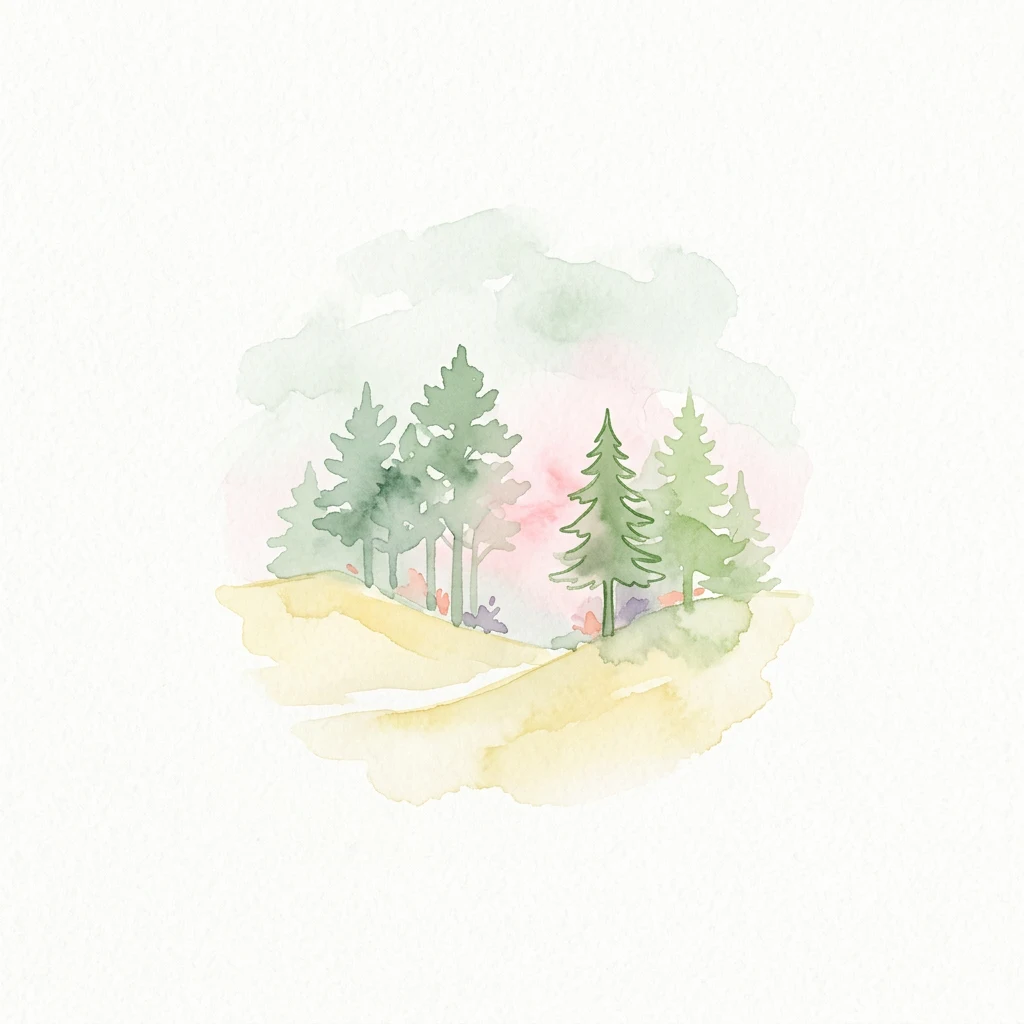 Watercolor painting of a forested landscape with green trees on a yellow hillside and soft pink and green sky background