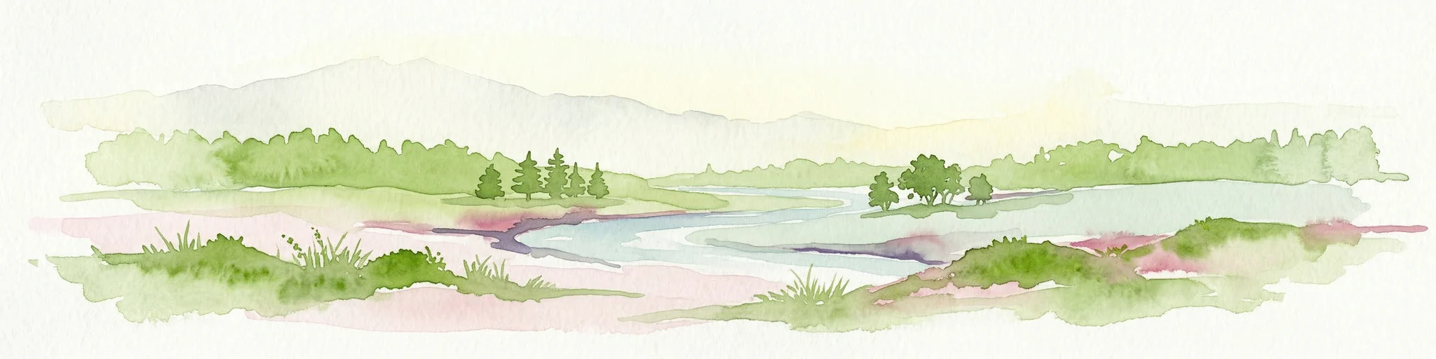 Ilustración en acuarela de un paisaje con campos verdes, árboles, una masa de agua y colinas distantes bajo un cielo claro