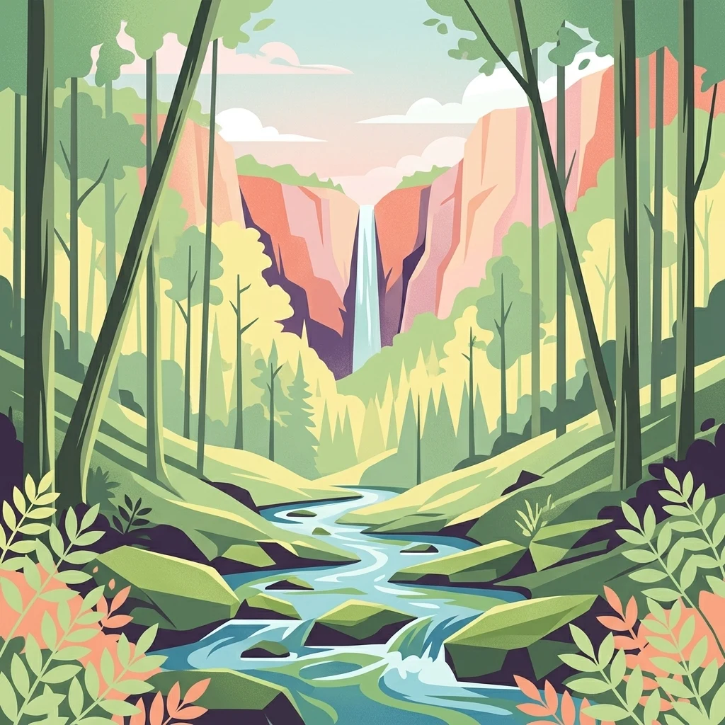 A digital illustration of a narrow waterfall falling between two steep cliff walls, leading into a rocky stream that flows towards the viewer through a forest of tall, thin trees.