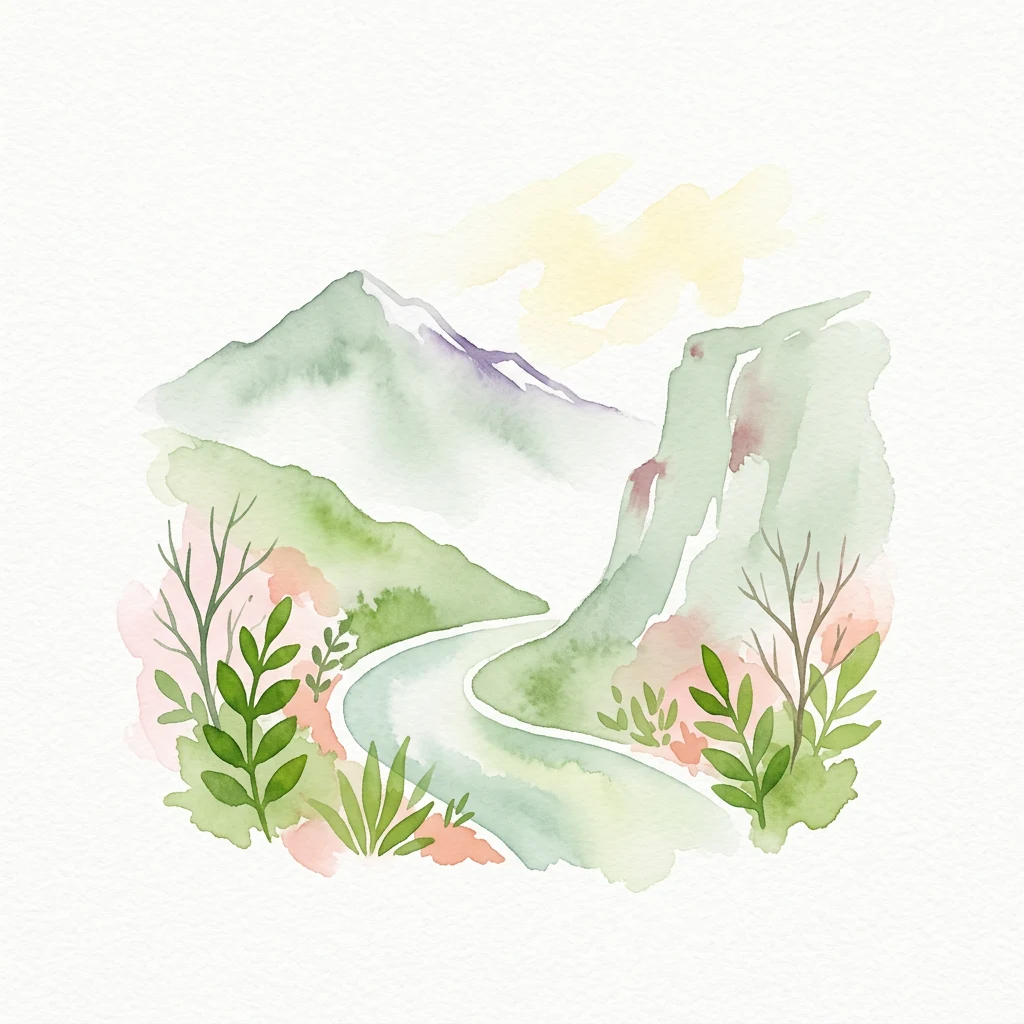Watercolor illustration of a winding river through mountainous terrain with green vegetation and soft pastel colors