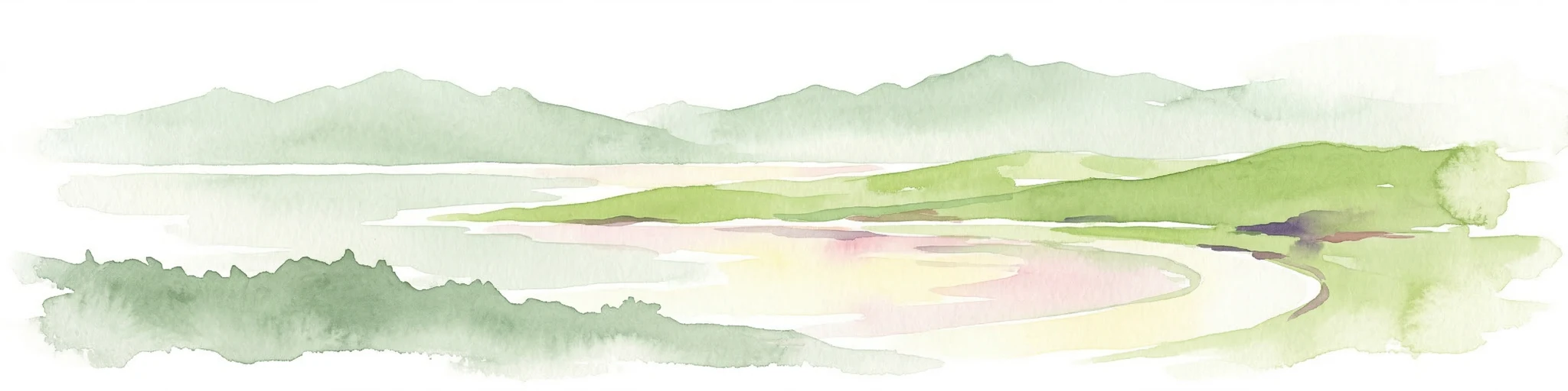 Pintura en acuarela que muestra un cañón fluvial con montañas al fondo y vegetación verde en primer plano