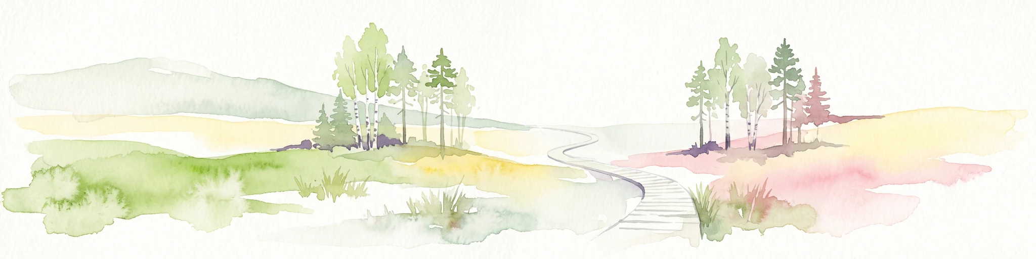 Ilustración en acuarela de un sendero de tablones de madera que serpentea por un paisaje llano con árboles dispersos, hierbas suaves y colores naturales apagados.