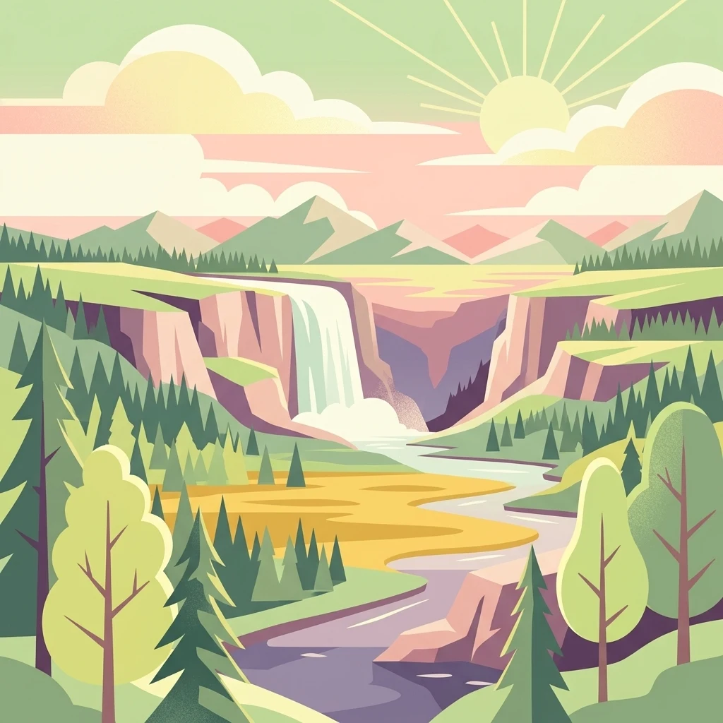Una ilustración digital estilizada de diseño plano que representa un río fluyendo a través de un valle boscoso hacia una cascada central, con un fondo de montañas bajo un cielo soleado.