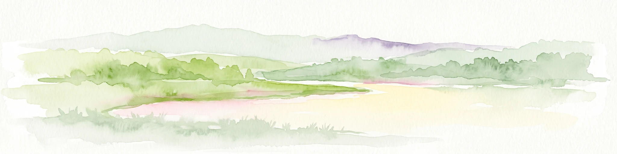 A pale, soft watercolor painting of a serene moorland landscape with rolling green hills and a light, misty background.